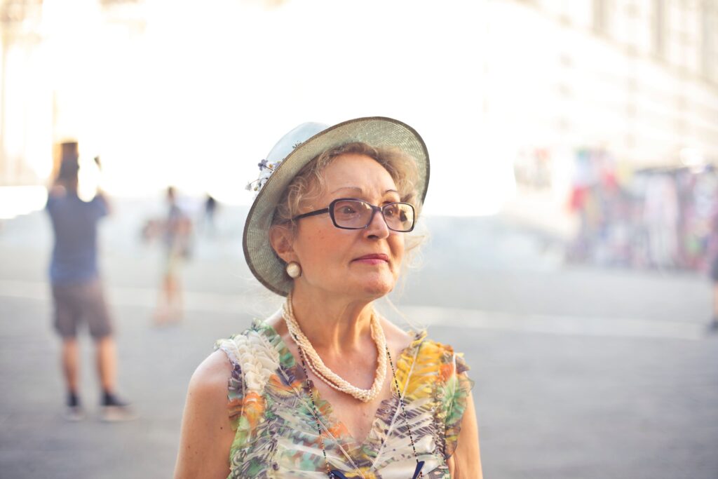 Older lady with cataracts wearing glasses